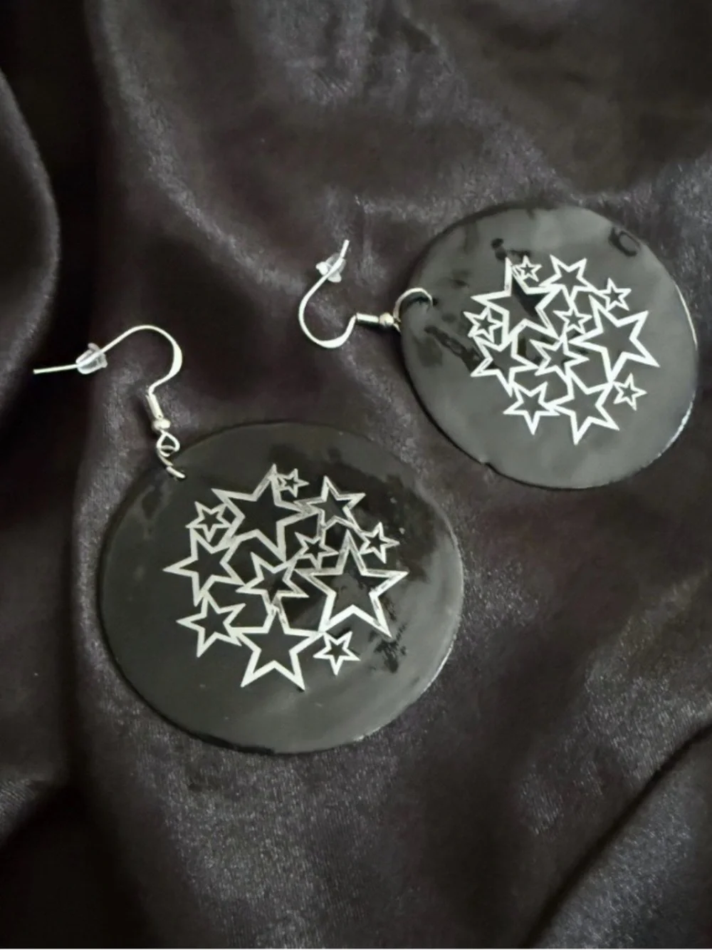 Black Shell Star Earrings, Chaos Witch Celestial Dangles 925 Hooks‎